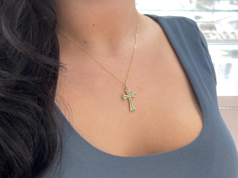 0.60tcw 14K Emerald Crucifix Pendant Round Cut Mid-Century Emerald Accent Cross Pendant