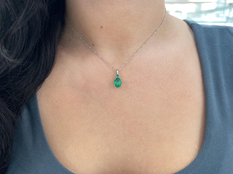 2.85tcw 14K Natural Oval & Pear Cut Emerald Accent Duo Pendant Medium Green Emerald Pendant Necklace