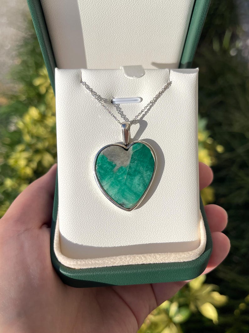 Heart Pendant with Bezel Set Colombian Emerald Rough Gem, 925 Sterling Silver