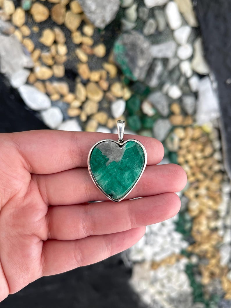 Colombian Emerald in Matrix Heart Pendant Bezel Set Natural Emerald Rough Gem 925