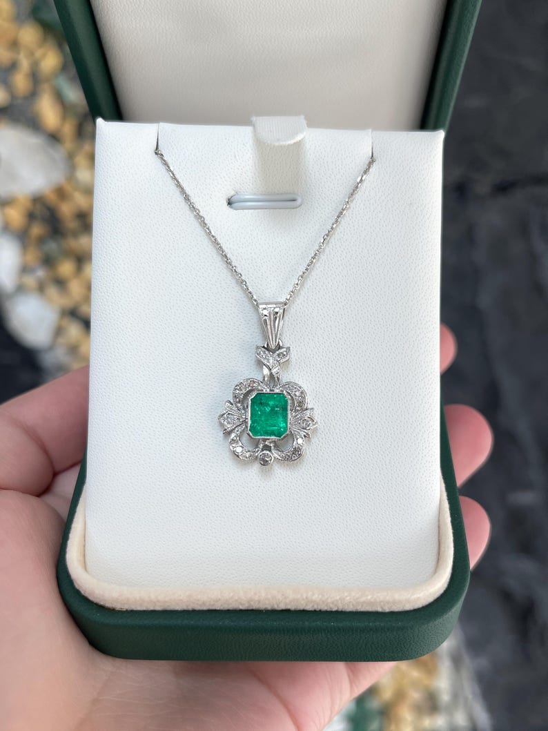 14K Art Deco Necklace Featuring 2.50tcw Colombian Emerald and Diamond Detail