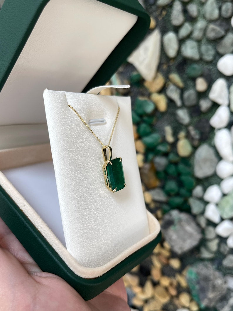 Stunning 6.09ct Forest Green Emerald Cut Emerald Solitaire Pendant in 14K Regal Floral Setting