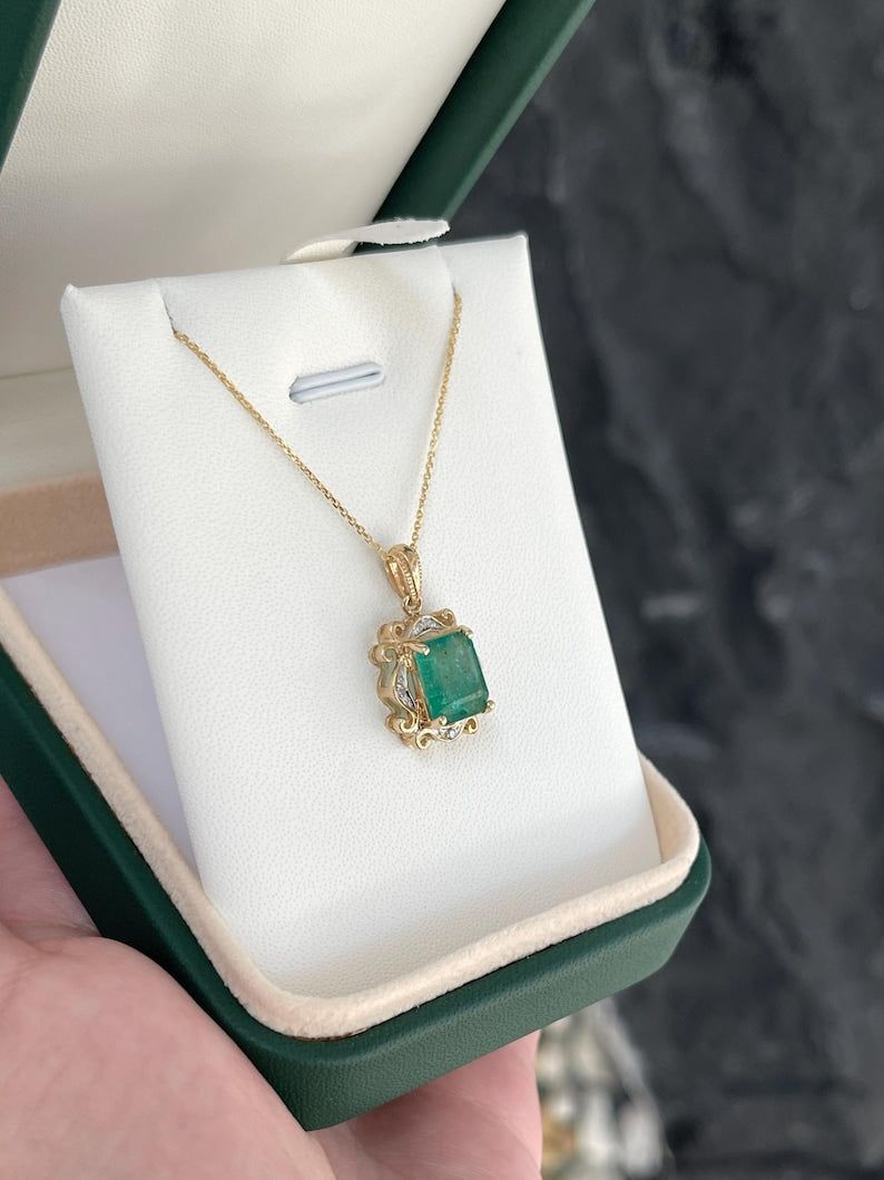 Elegant 3.06tcw 14K Emerald Pendant Necklace with Diamond Accents & Emerald Cut Design