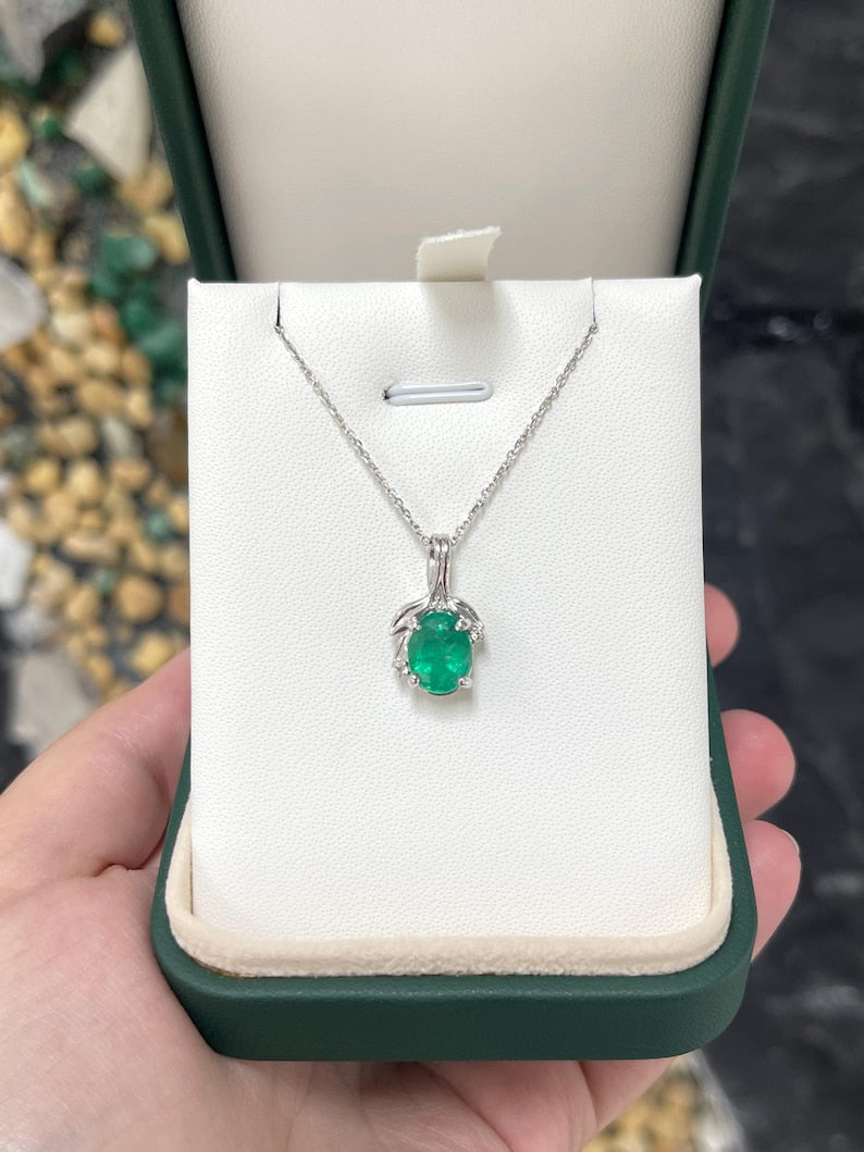 Natural 2.29ct Oval Emerald & Diamond Floral Pendant in 14K Gold