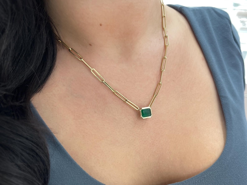 2.58 Carat East-West Natural Dark Green Emerald Paperclip Stacking Necklace 14K