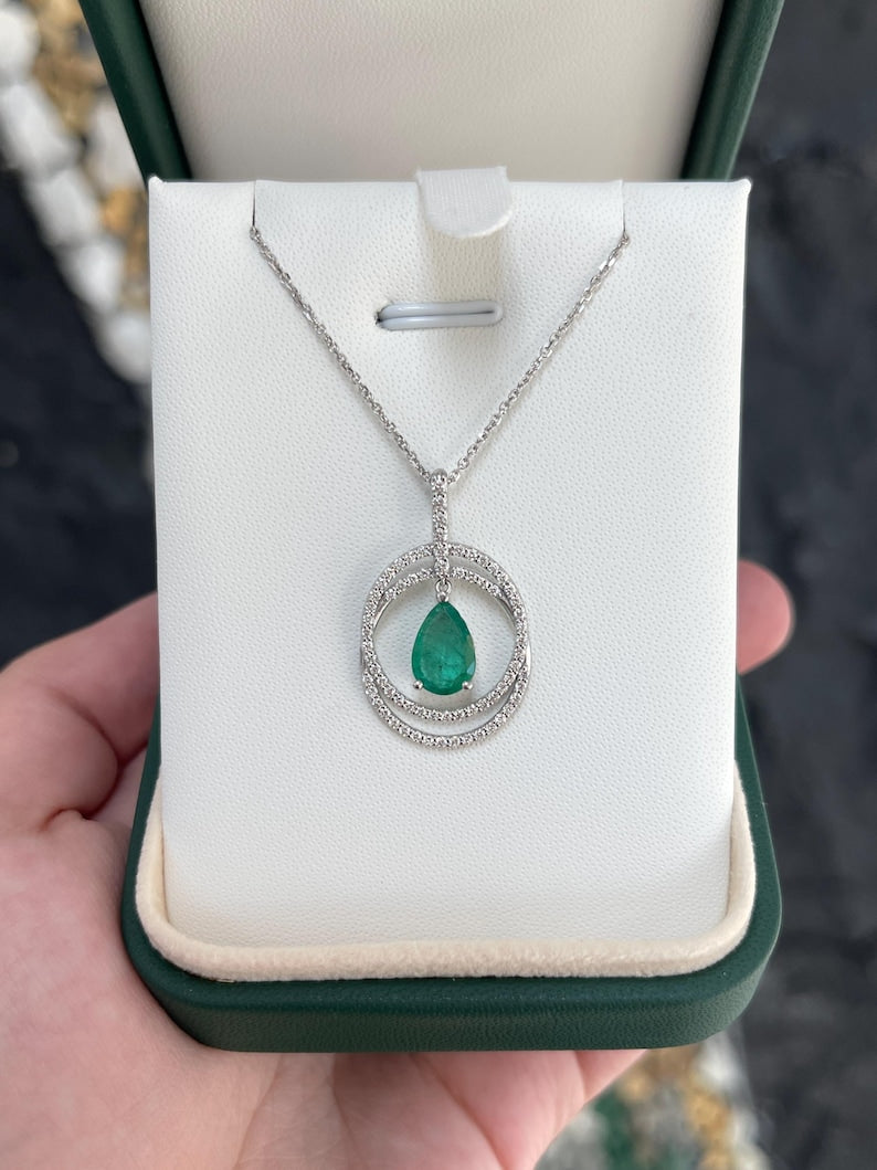 Elegant 2.40tcw Pear-Shaped Emerald Pendant with Diamond Halo Necklace