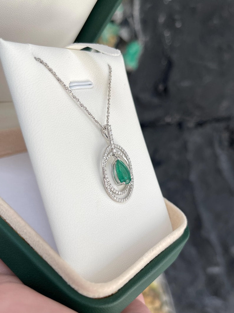 14K Gold Pendant Necklace with Pear Cut Emerald and Diamond Halo