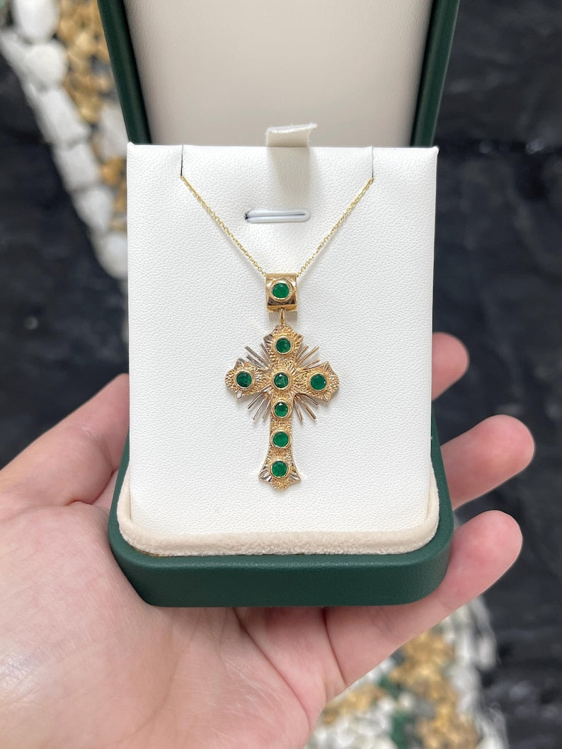 20tcw 18K Gold Religious Cross Pendant with Round Dark Green Emeralds and Bezel Setting