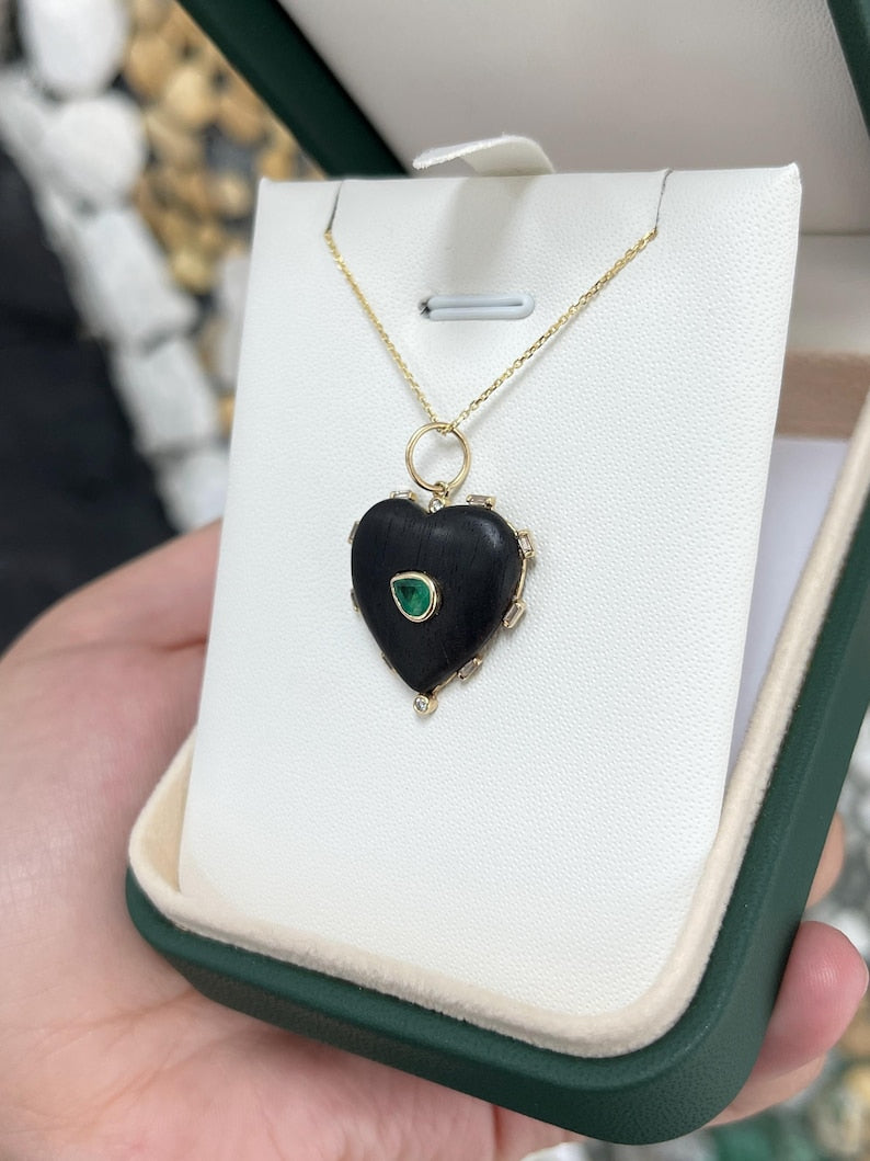 Elegant 14K Gold Stacking Pendant with 0.84tcw Pear Cut Emerald and Ebony Wood Heart