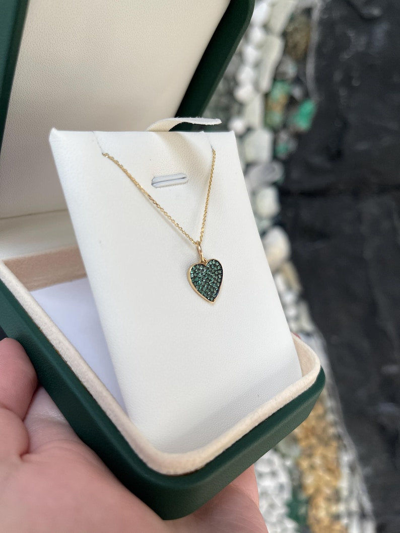 14K Gold Round Cut Emerald Heart Pendant with Black Rhodium, 0.30tcw