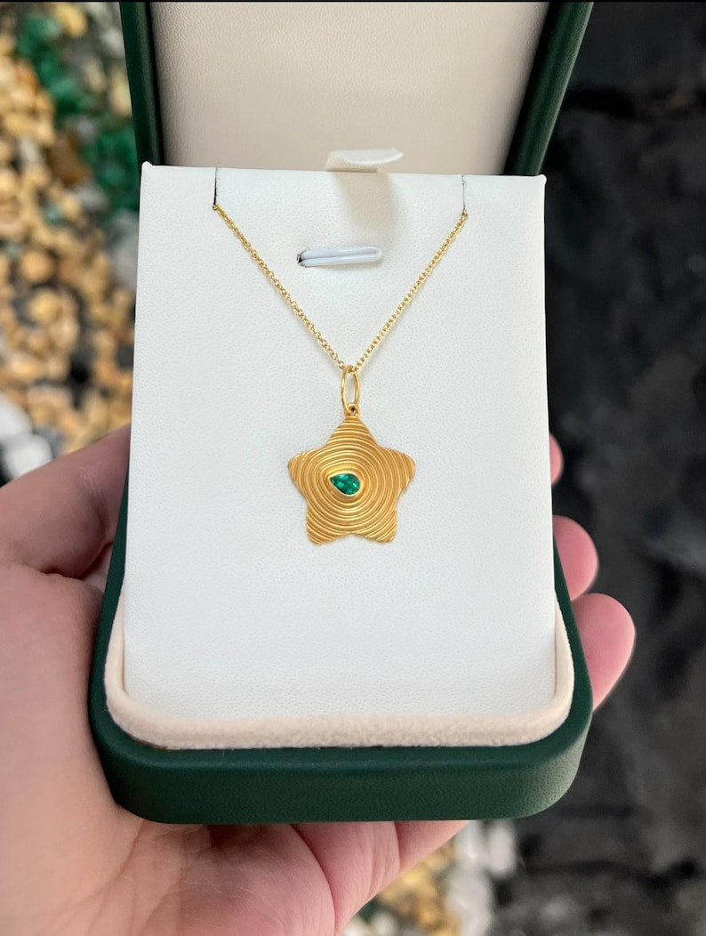 Natural 0.20ct Pear Cut Emerald Bezel Set in Chunky 14K Gold Star Pendant