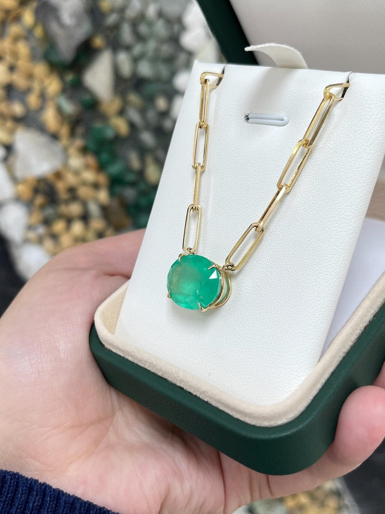 14K Gold East-West Oval Colombian Emerald Necklace, 12.41ct Large Statement Piece