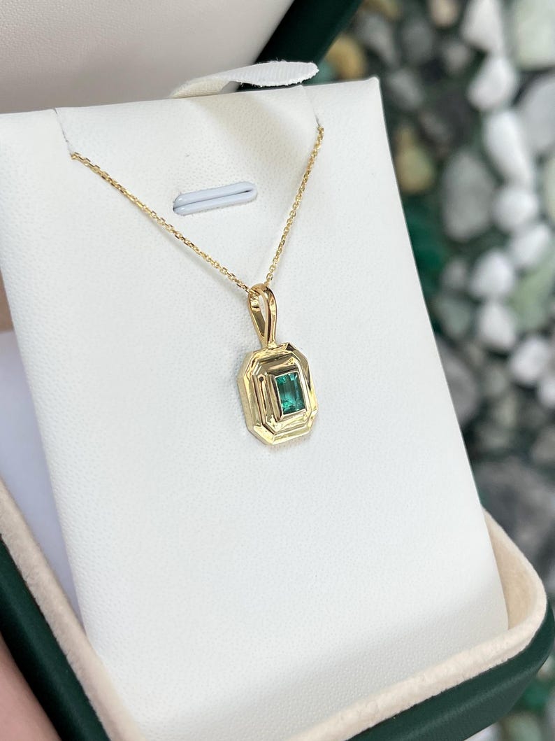 Elegant 0.70ct Emerald Cut Emerald Pendant on 14K Gold Slider Necklace