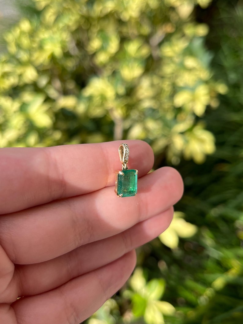 2.16tcw 14K Natural Emerald Cut Emerald & Diamond Accent Lush Dark Green Pendant Necklace