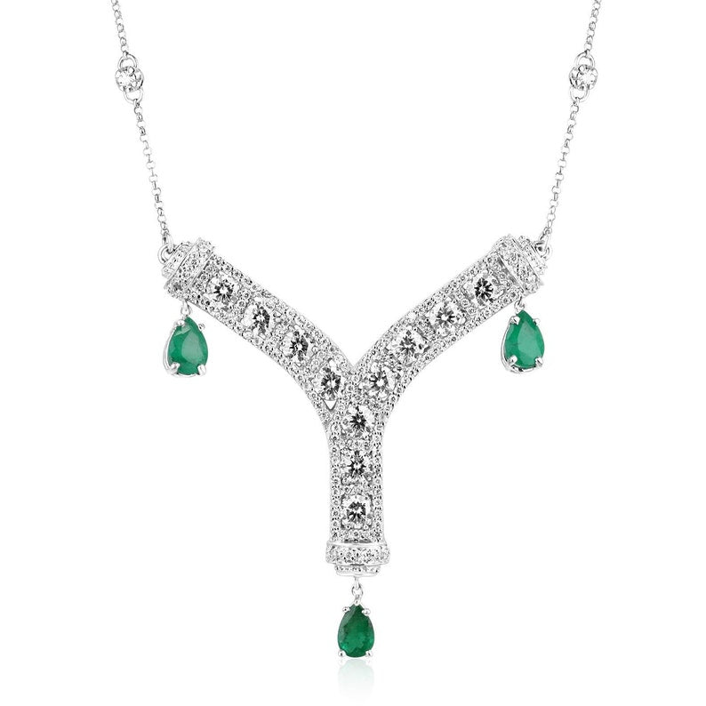 18K Gold Y Shape Pendant Necklace with 5.92ct Natural Diamonds & Emeralds