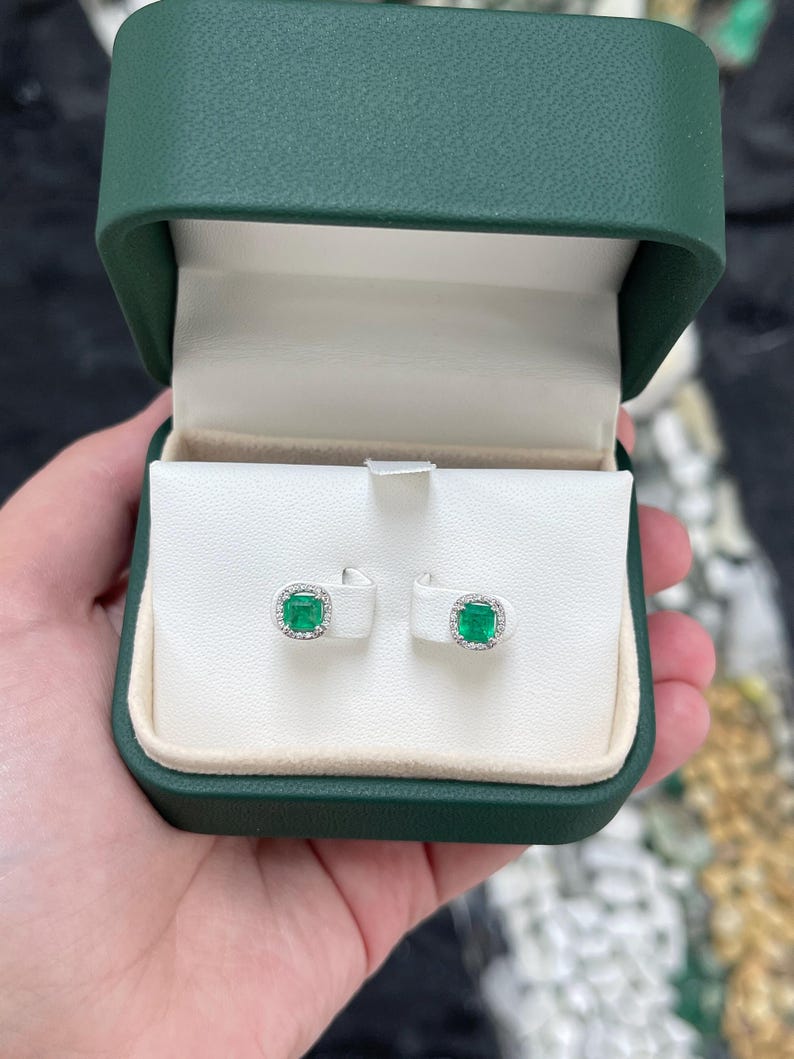 15tcw May Birthstone Stud Earrings – Asscher-Cut Emerald & Diamond Halo in 14K Gold