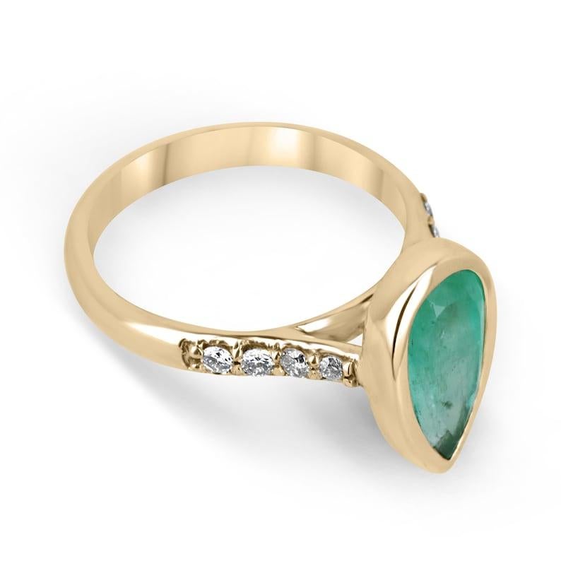 2.21tcw Pear Cut Emerald Diamond Bezel Engagement Ring 14K Yellow Gold
