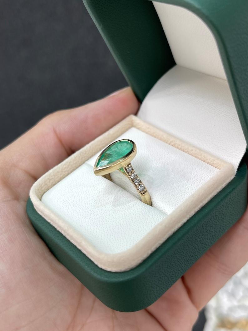 2.21tcw Pear Cut Emerald Diamond Bezel Engagement Ring 14K Yellow Gold
