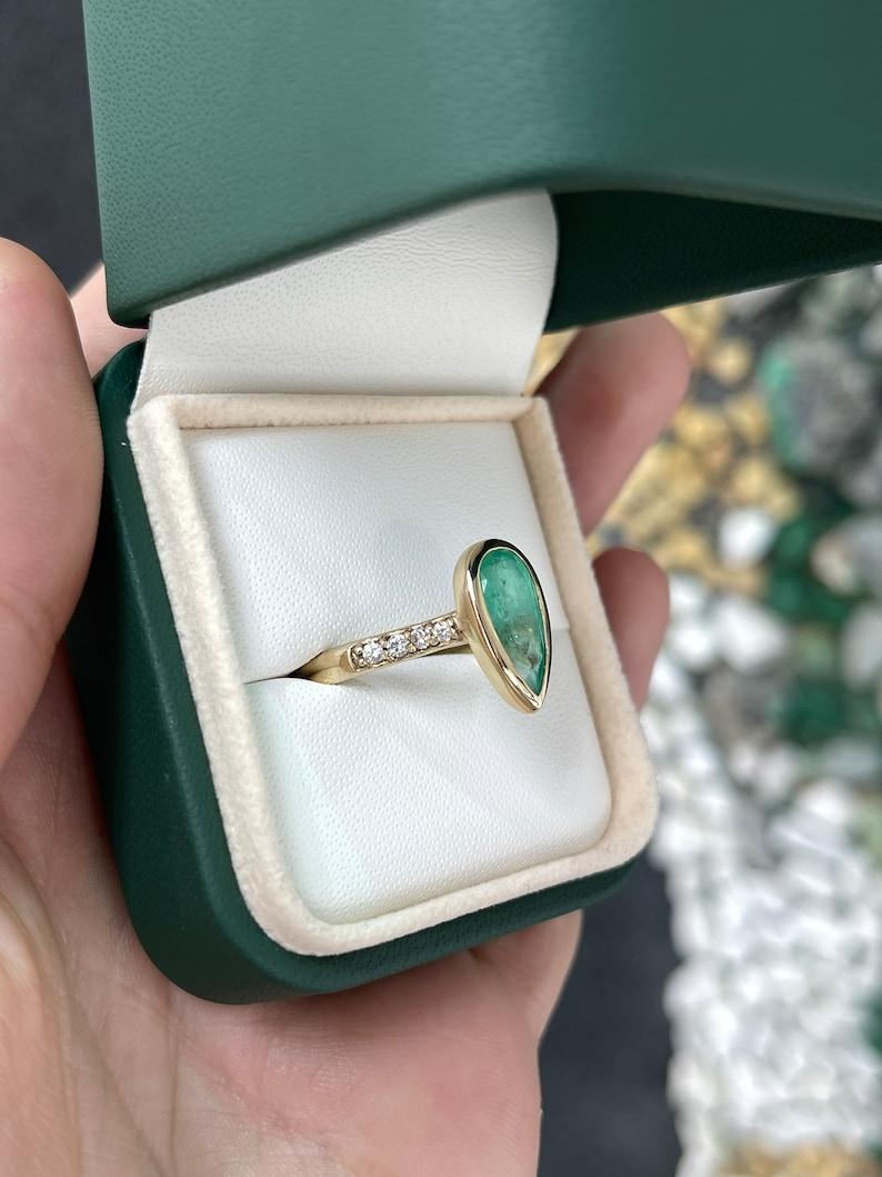2.21tcw Pear Cut Emerald Diamond Bezel Engagement Ring 14K Yellow Gold