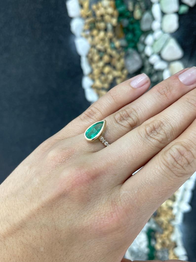 2.21tcw Pear Cut Emerald Diamond Bezel Engagement Ring 14K Yellow Gold