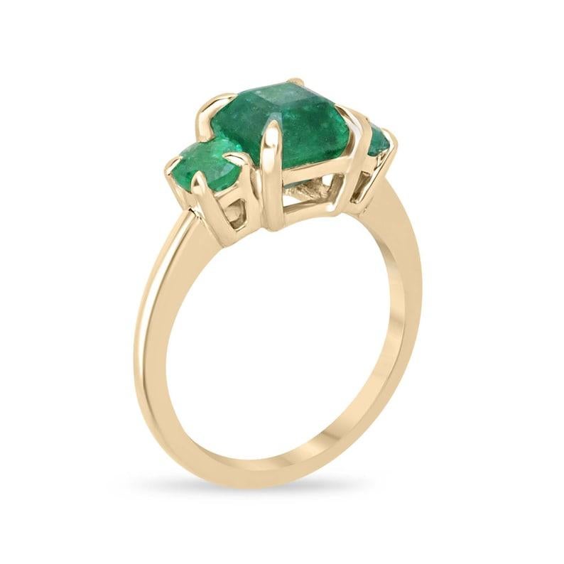 3.01tcw Rich Green Asscher Emerald Three Stone Prong Ring 14K Gold