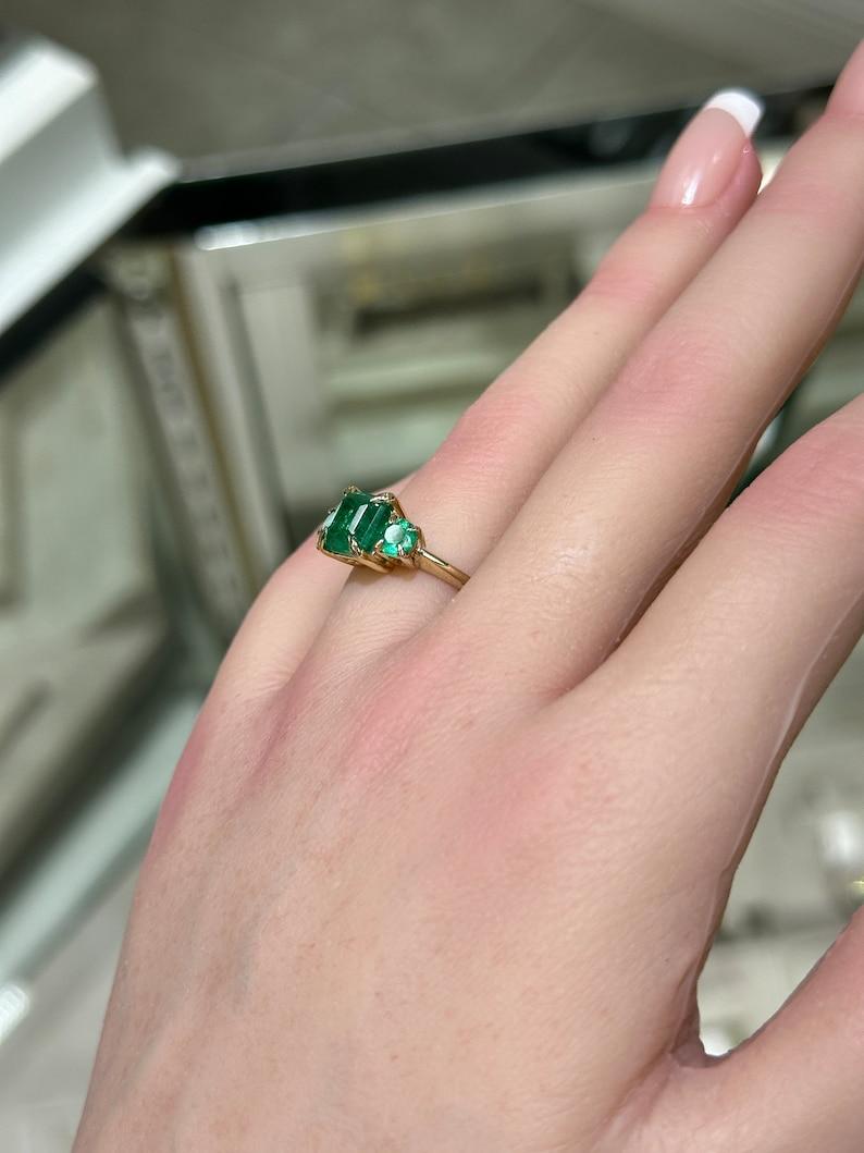 3.01tcw Rich Green Asscher Emerald Three Stone Prong Ring 14K Gold