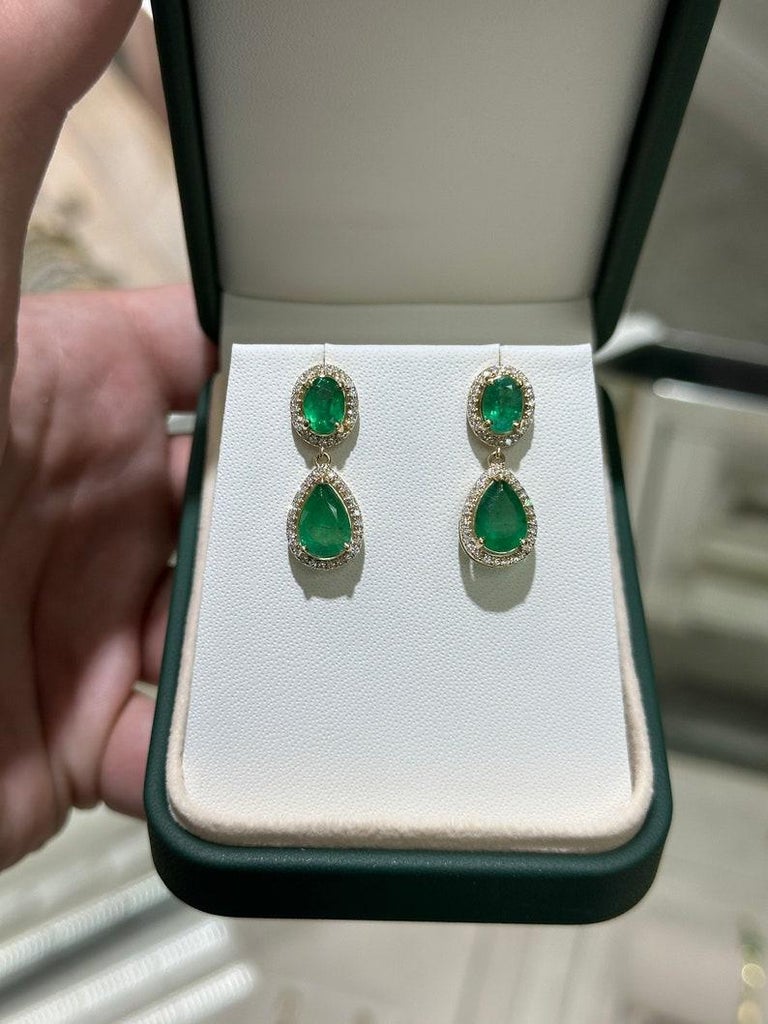 5.40tcw Oval Pear Emerald Diamond Halo Prong Drop Dangle Earrings 14K