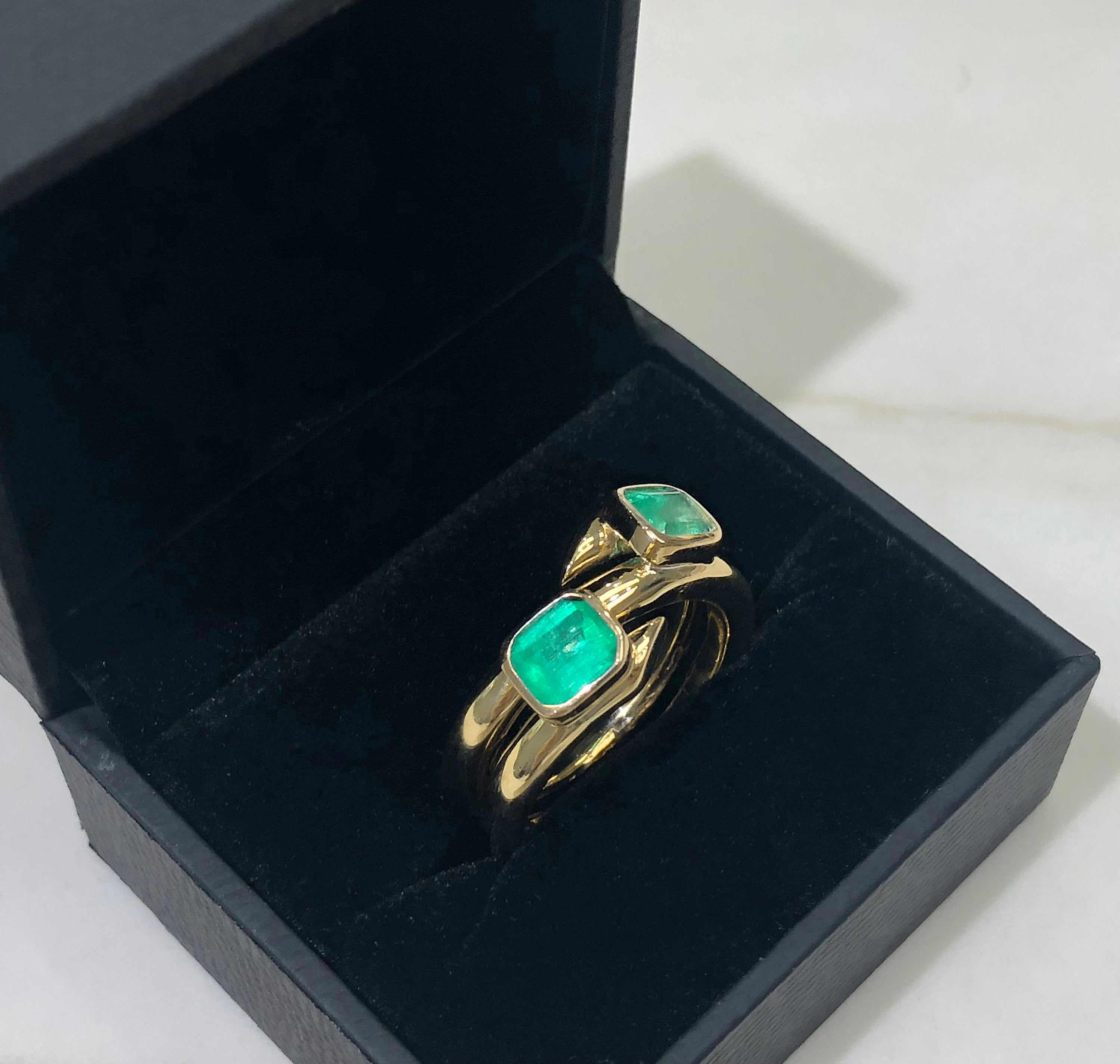 2 Stone Double Bezel Set 2.08tcw Natural Real Emerald Cuff Ring Gold 14K