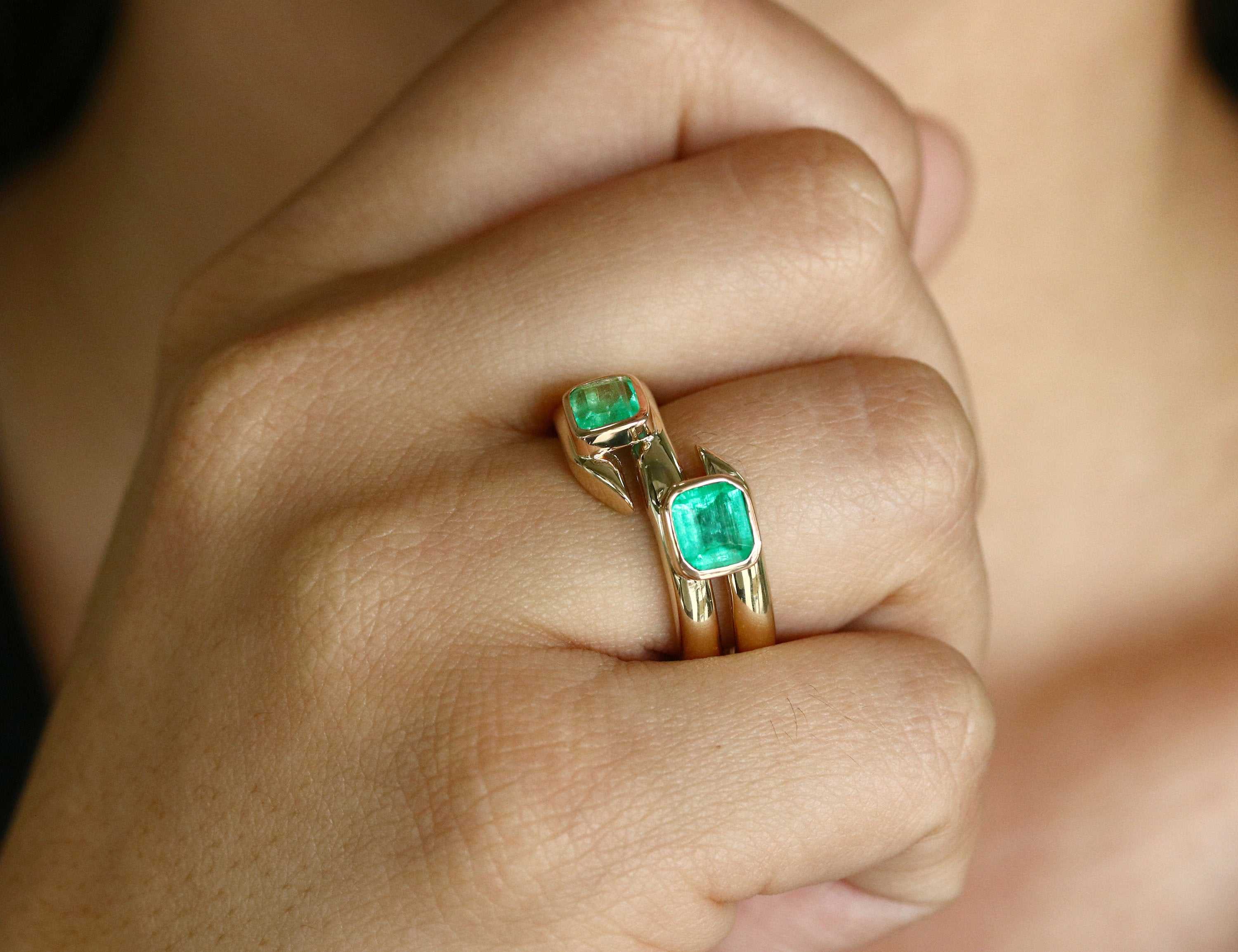 2.08tcw Toi Et Moi Double Bezel Earth mined Emerald Cuff Ring Gold 14K