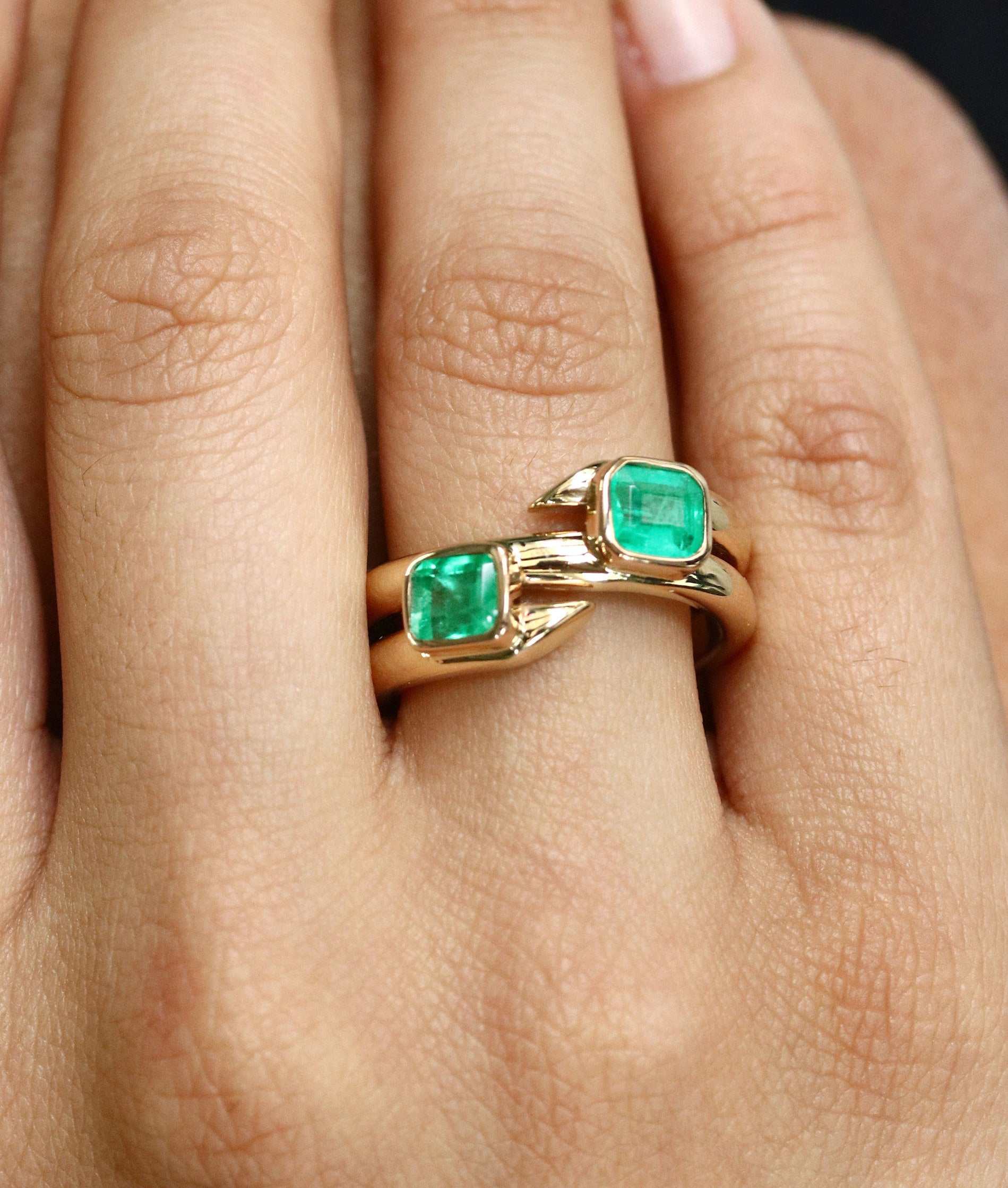 2.08tcw 2 Stone Double Bezel Natural Emerald Cuff Ring Gold 14K