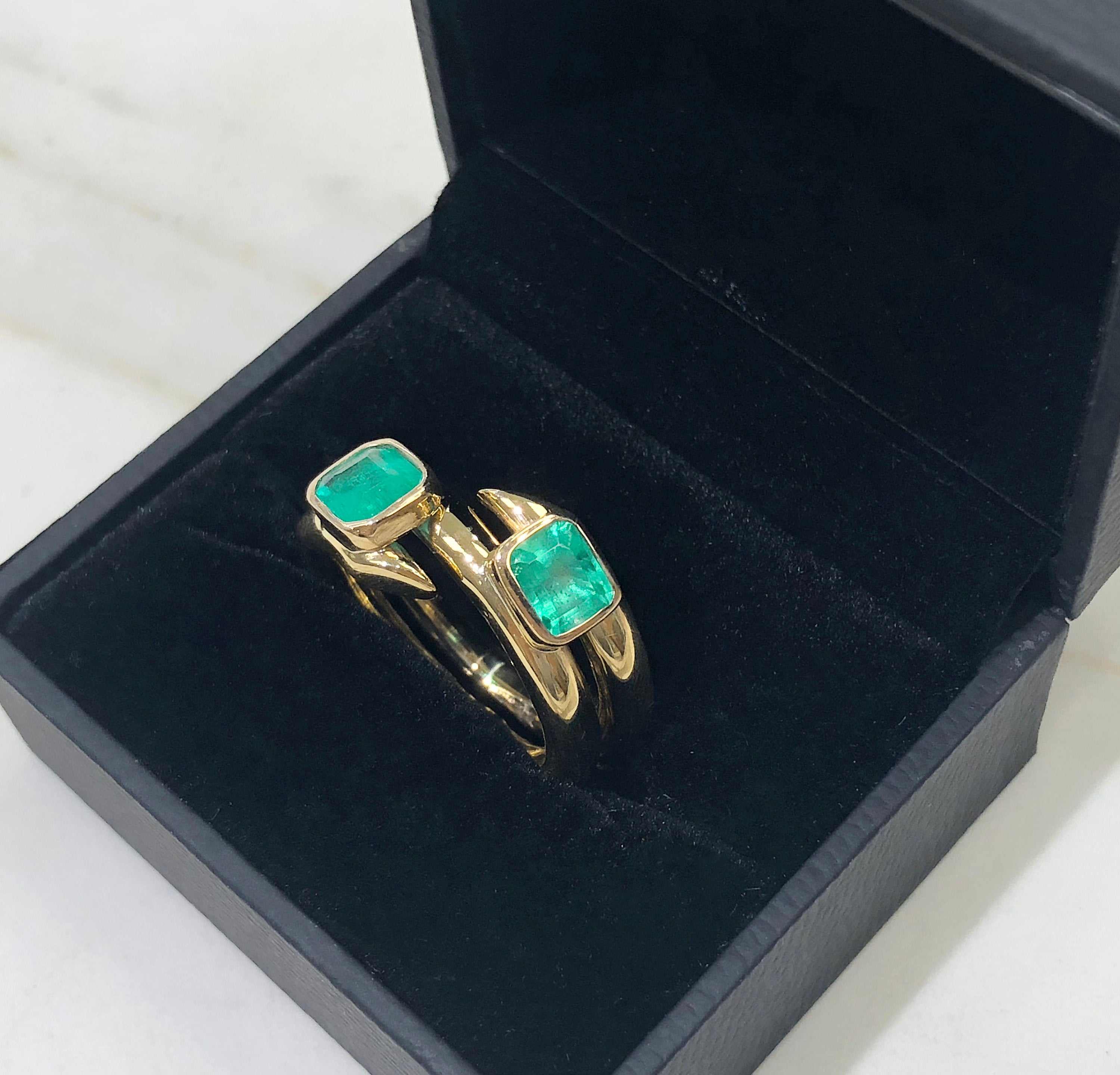 2 Stone Double Bezel Set 2.08tcw Natural Real Emerald Cuff Ring Solid Gold 14K