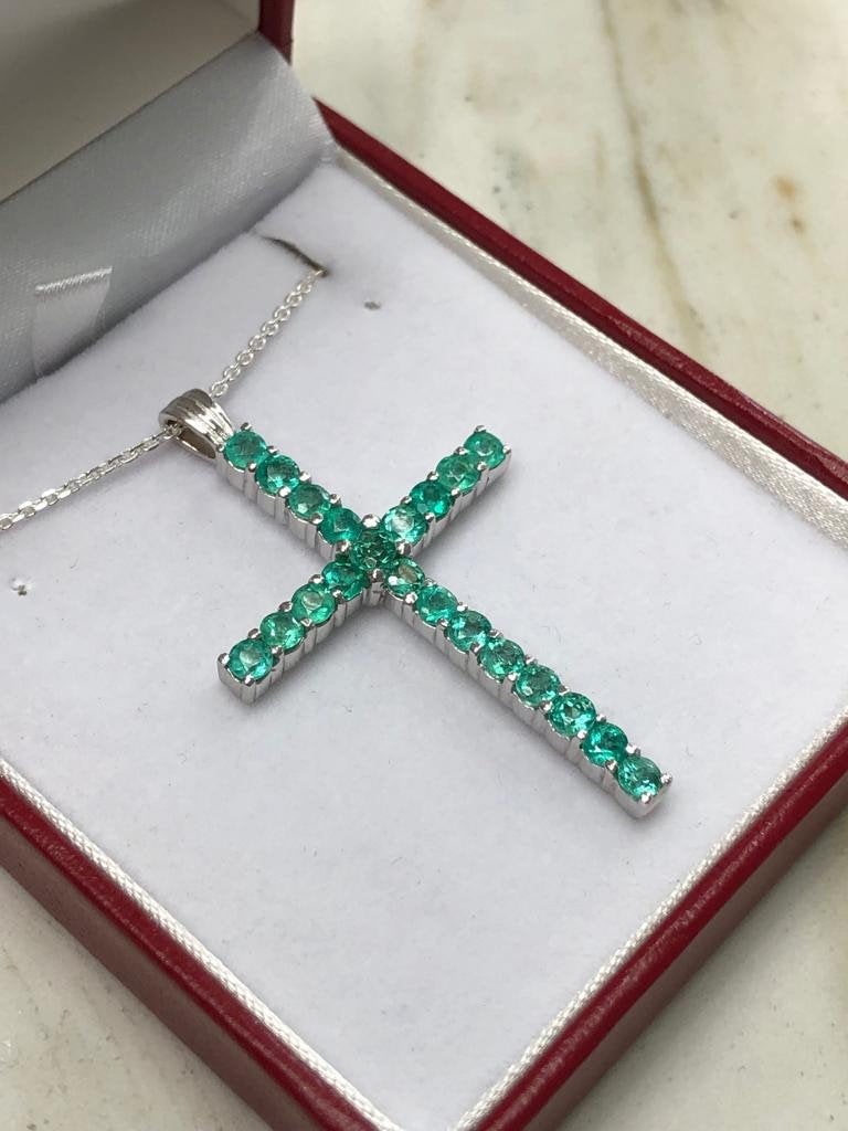 Round Emerald Cross Tennis Pendant White 