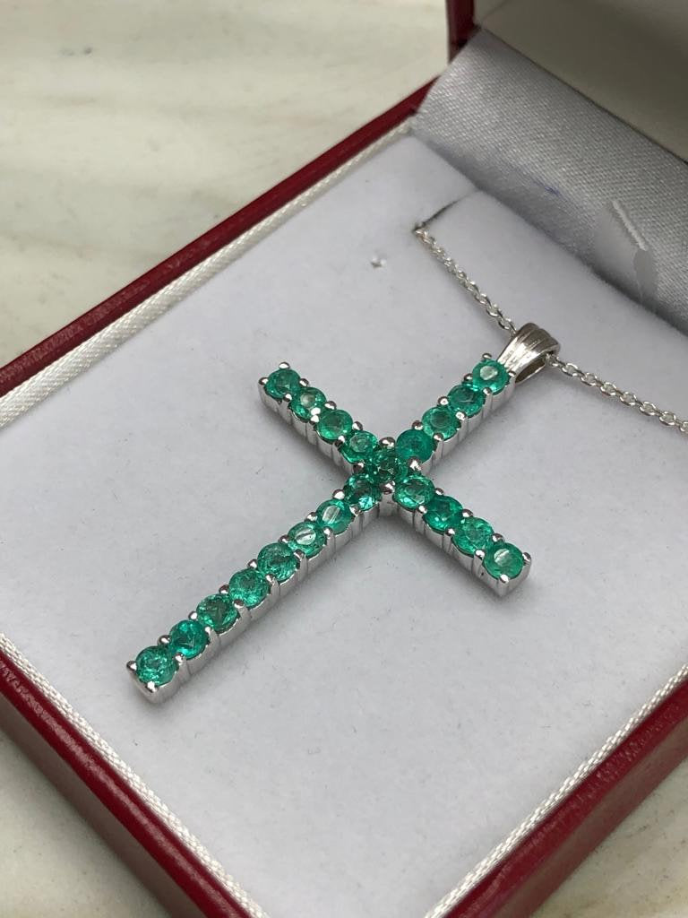 Round Emerald Cross Tennis Pendant White Gold 14K