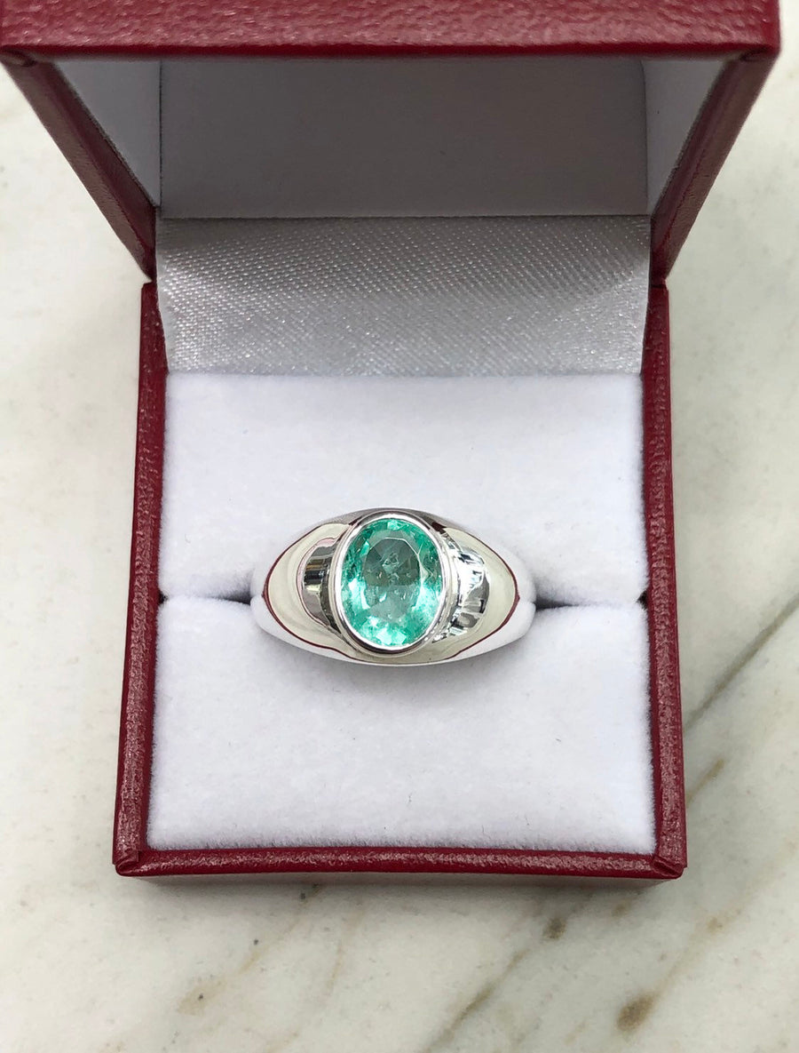 Big 1.85 Carats Emerald Mens Solitaire Emerald Oval Silver Signet Bezel Ring