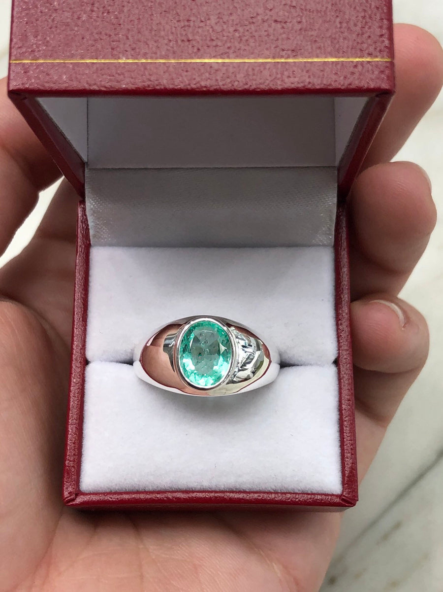 Emerald Mens Solitaire Emerald Oval 1.85 Carats Silver Signet Bezel Ring
