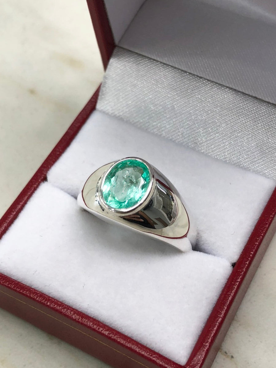 Natural Emerald Mens Solitaire Emerald Oval 1.85 Carats Silver Signet Bezel Ring