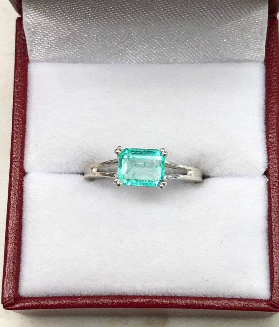 1.25 Carat Emerald Cut Emerald East To West Four Prong Double Shank Ring Silver 925