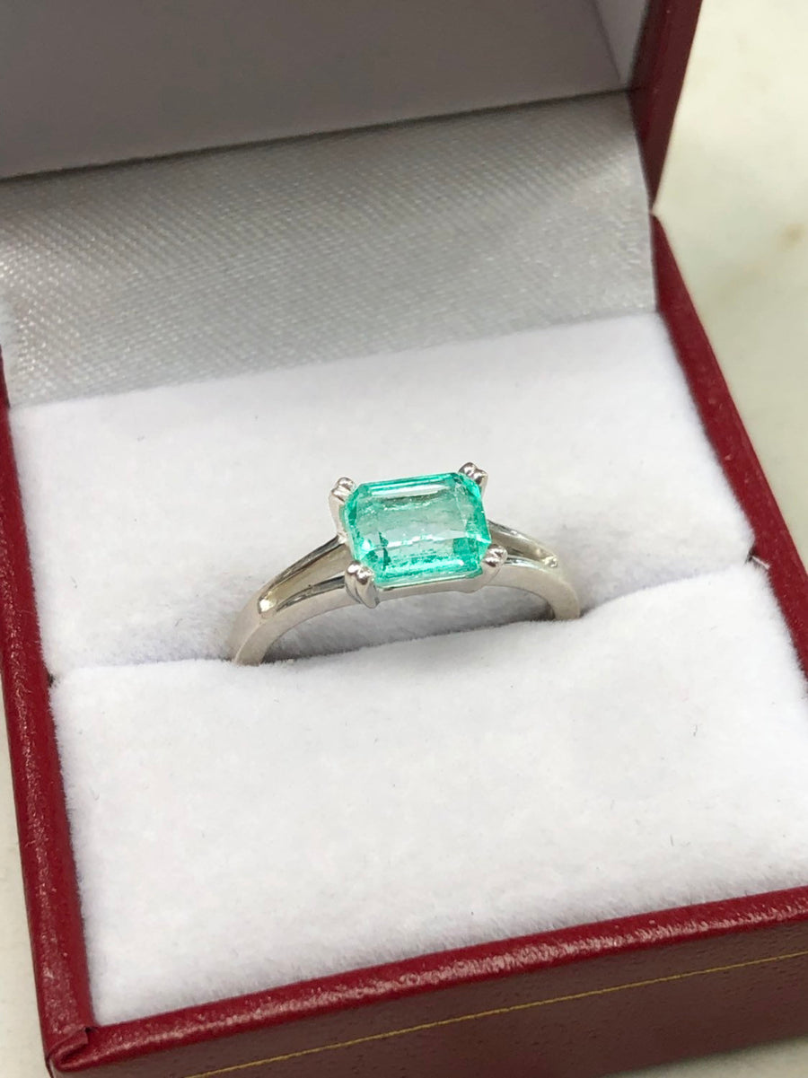 1.25 Carat Natural Emerald Cut Emerald East To West Four Prong Double Shank Ring Silver 925