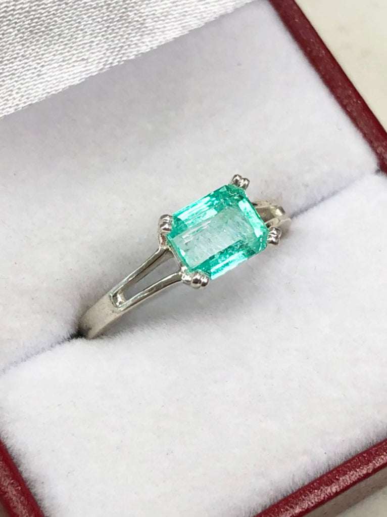 1.25 Carat Emerald Cut Natural Emerald East To West Four Prong Double Shank Ring Silver 925