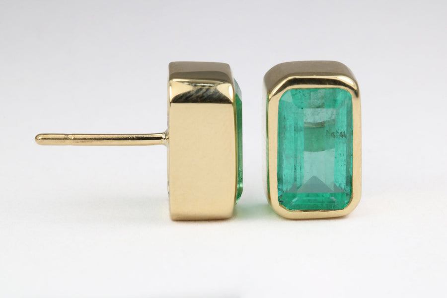 4.86tcw Classic Bezel Set High Quality Emerald Cut Colombian Emerald Stud Earrings 14K