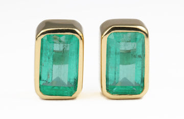 4.86tcw Classic Bezel Set High Quality Emerald Cut Colombian Emerald Stud Earrings 14K