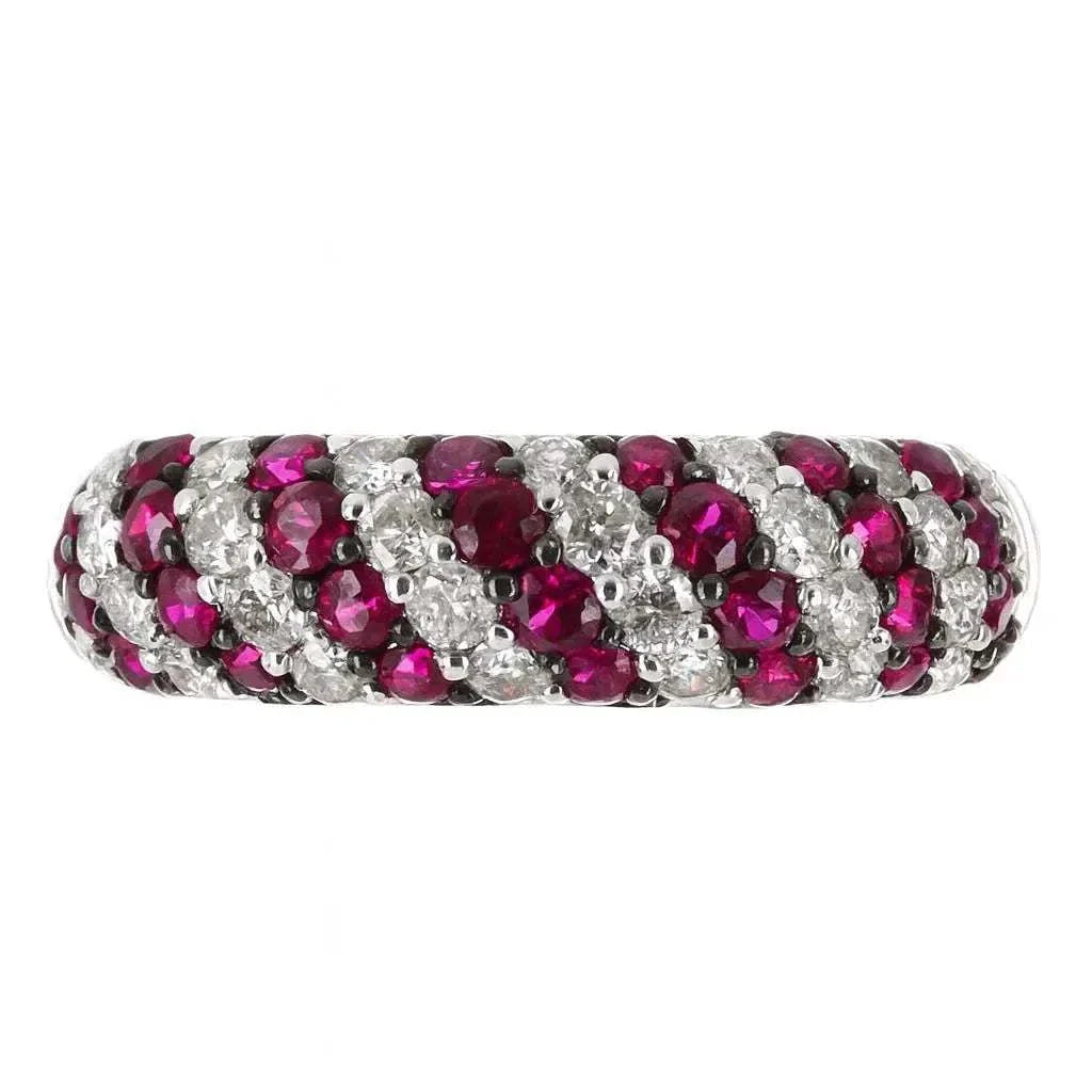 0.90tcw natural ruby and diamond pave band ring in 14K white gold with alternating round rubies and diamonds