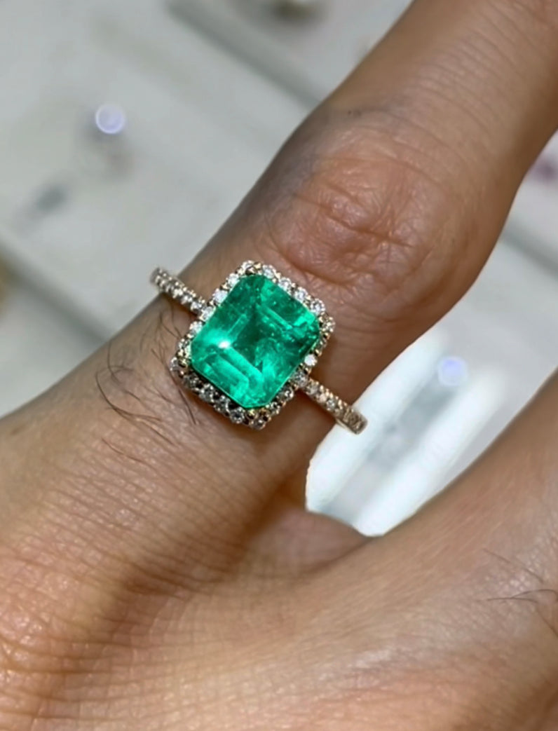 Emerald Cut Rich Green Emerald & Diamond Halo Pave Engagement Ring 14K