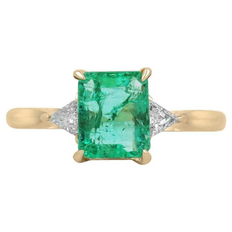 2.45tcw 18K Emerald Cut Emerald & Trillion Cut Diamond 3 Stone Prong Gold Ring