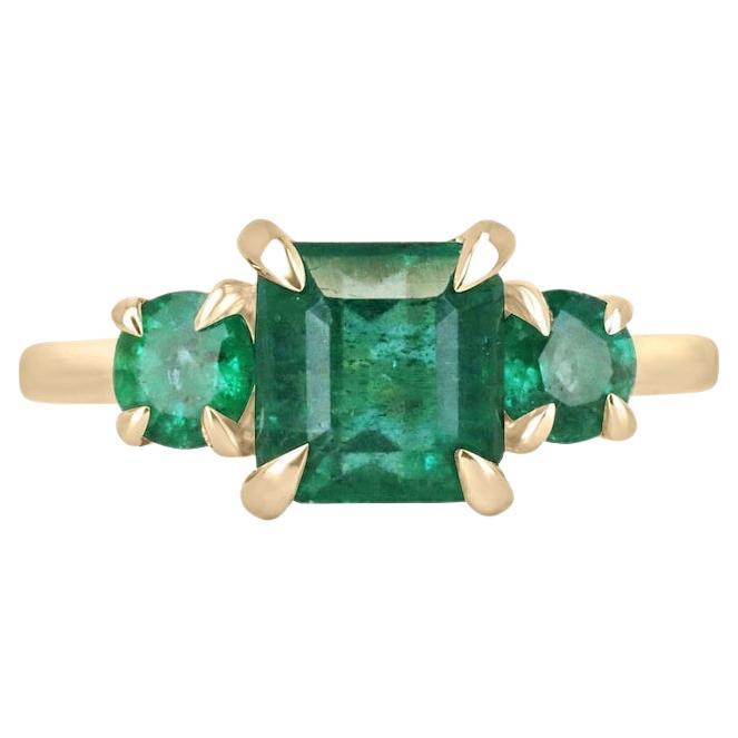 3.01tcw Rich Green Asscher Emerald Three Stone Prong Ring 14K Gold