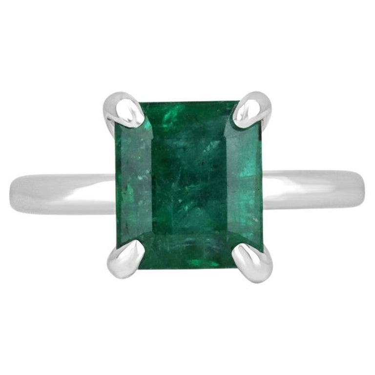 3.85ct Deep Green Emerald Cut Prong Solitaire Ring 14K White Gold