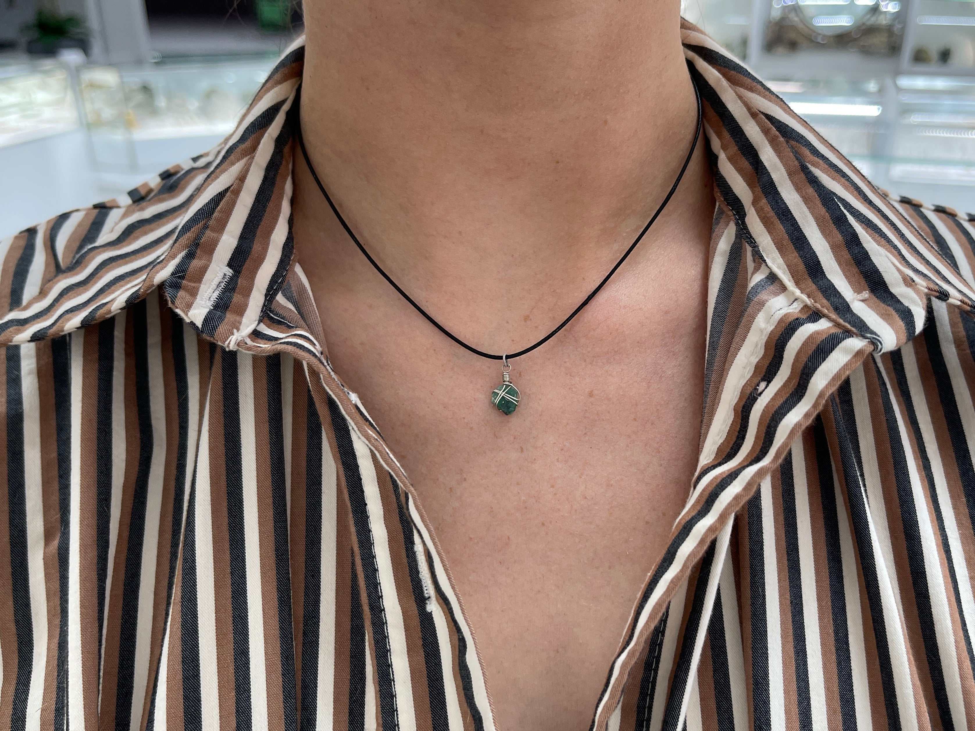 Natural Rough Colombian Emerald Necklaces Sterling Silver/Leather