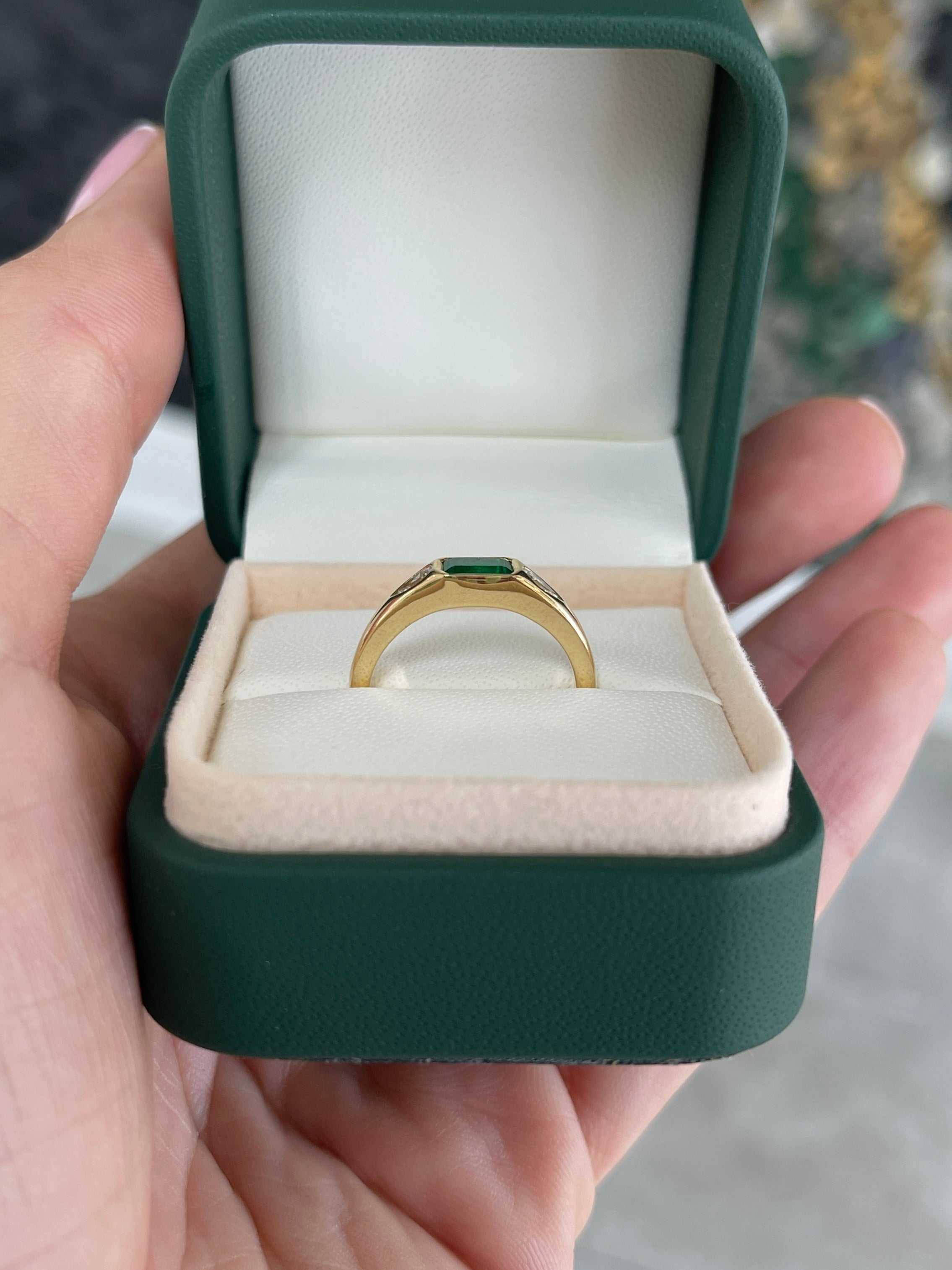 18K gold three-stone ring with 0.91tcw natural emerald and pear-shaped diamonds, featuring a rich green emerald and diamond band.
