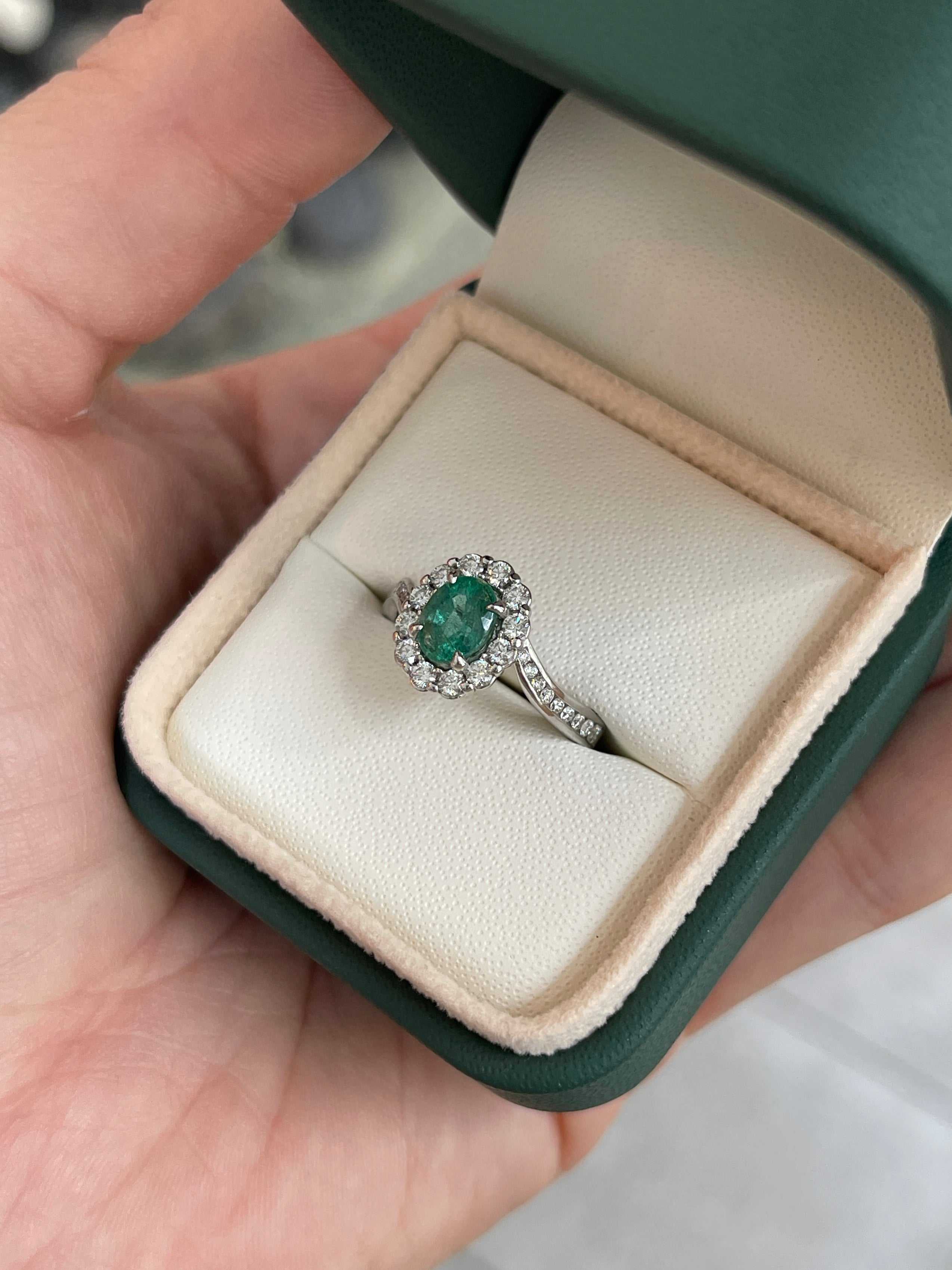 1.41tcw 14K Natural Oval Emerald & Diamond Halo Shank Engagement Ring - JR Colombian Emeralds