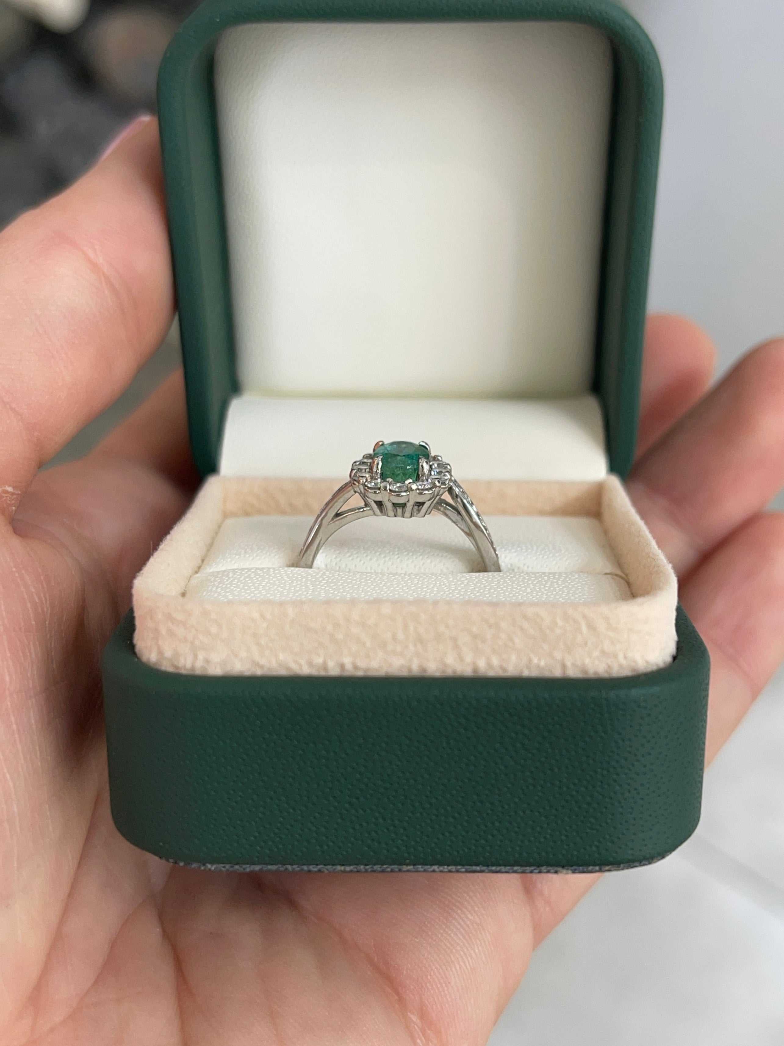 1.41tcw 14K Natural Oval Emerald & Diamond Halo Shank Engagement Ring - JR Colombian Emeralds